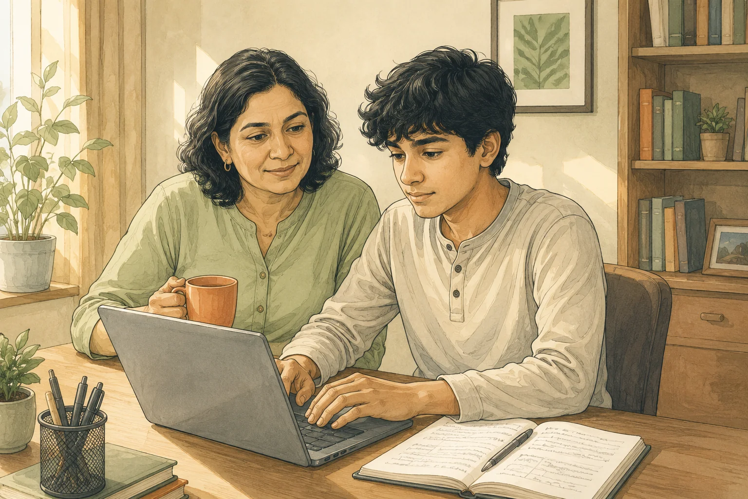 An Indian parent and their teenage child sitting together at a home study desk with a laptop.